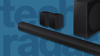 A best soundbars composite image of a black soundbar, speakers and subwoofer against a blue techradar background