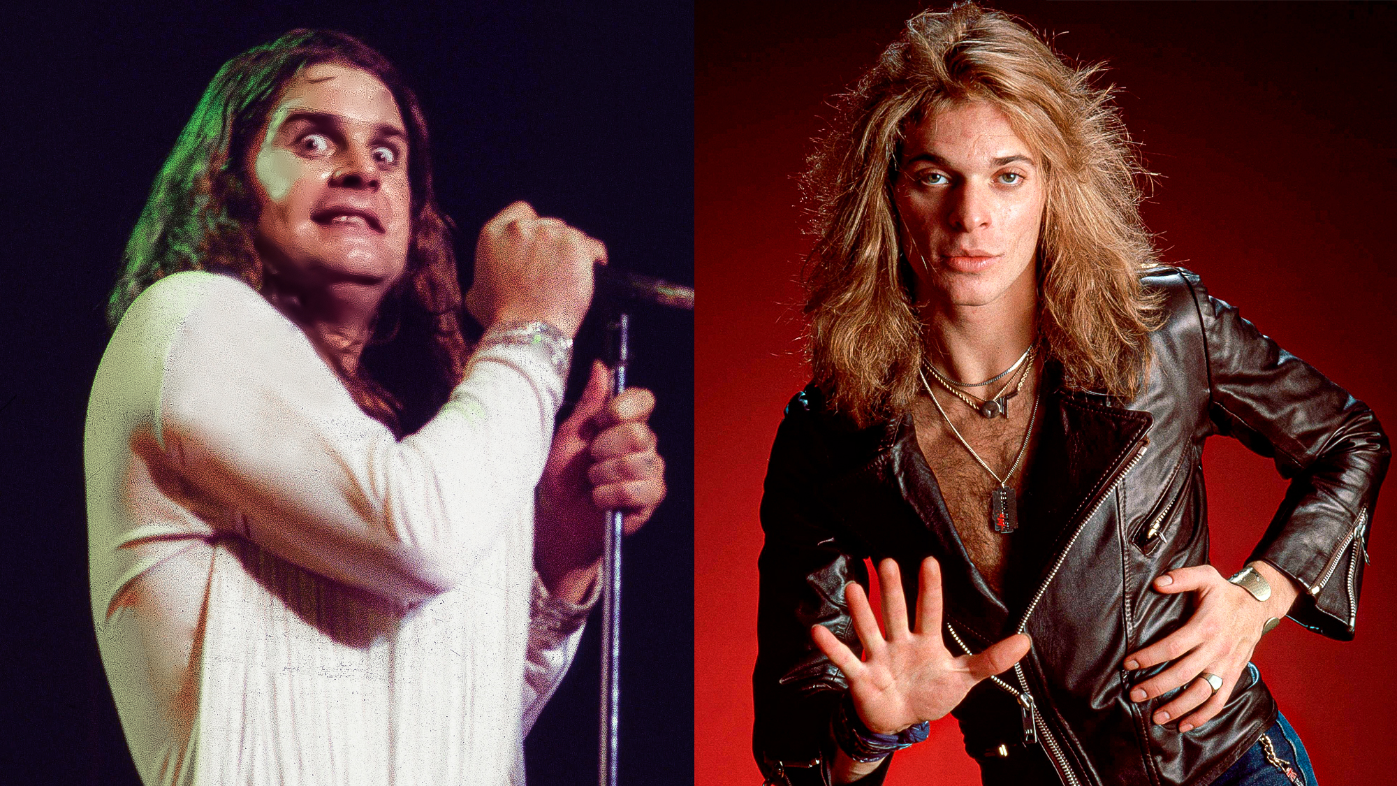 LEFT: Ozzy Osbourne performing live onstage with Black Sabbath in 1978 RIGHT: David Lee ROTH and VAN HALEN, David Lee Roth - posed, studio, leather jacket in 1978