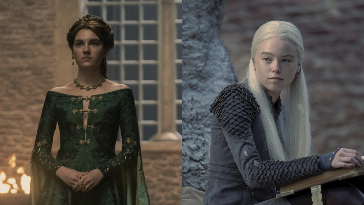 Young Alicent in green dress and young Rhaenyra in black dress in House of the Dragon Season 1