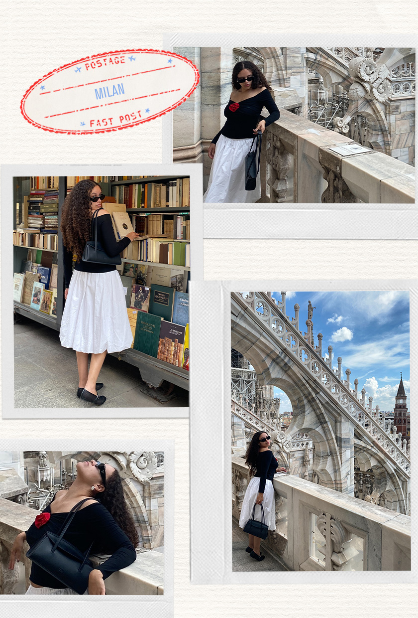 a collage of an editor's outfit depicting what to wear for a day in Milan with a black off-the-shoulder top with a rosette styled with a white ballon skirt and black mesh flats and a black shoulder bag and silver earrings