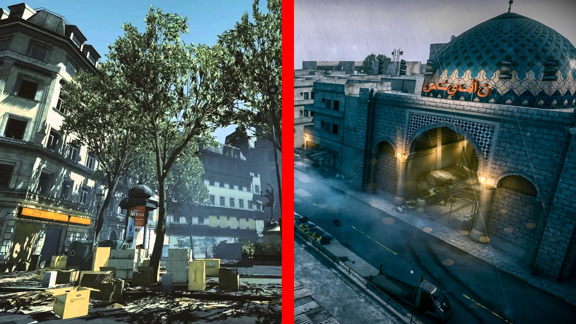 Battlefield 6 community map remakes: A vertically split imagine of the Seine Crossing and Grand Bazaar maps from Battlefield 3 on the left and right respectively.