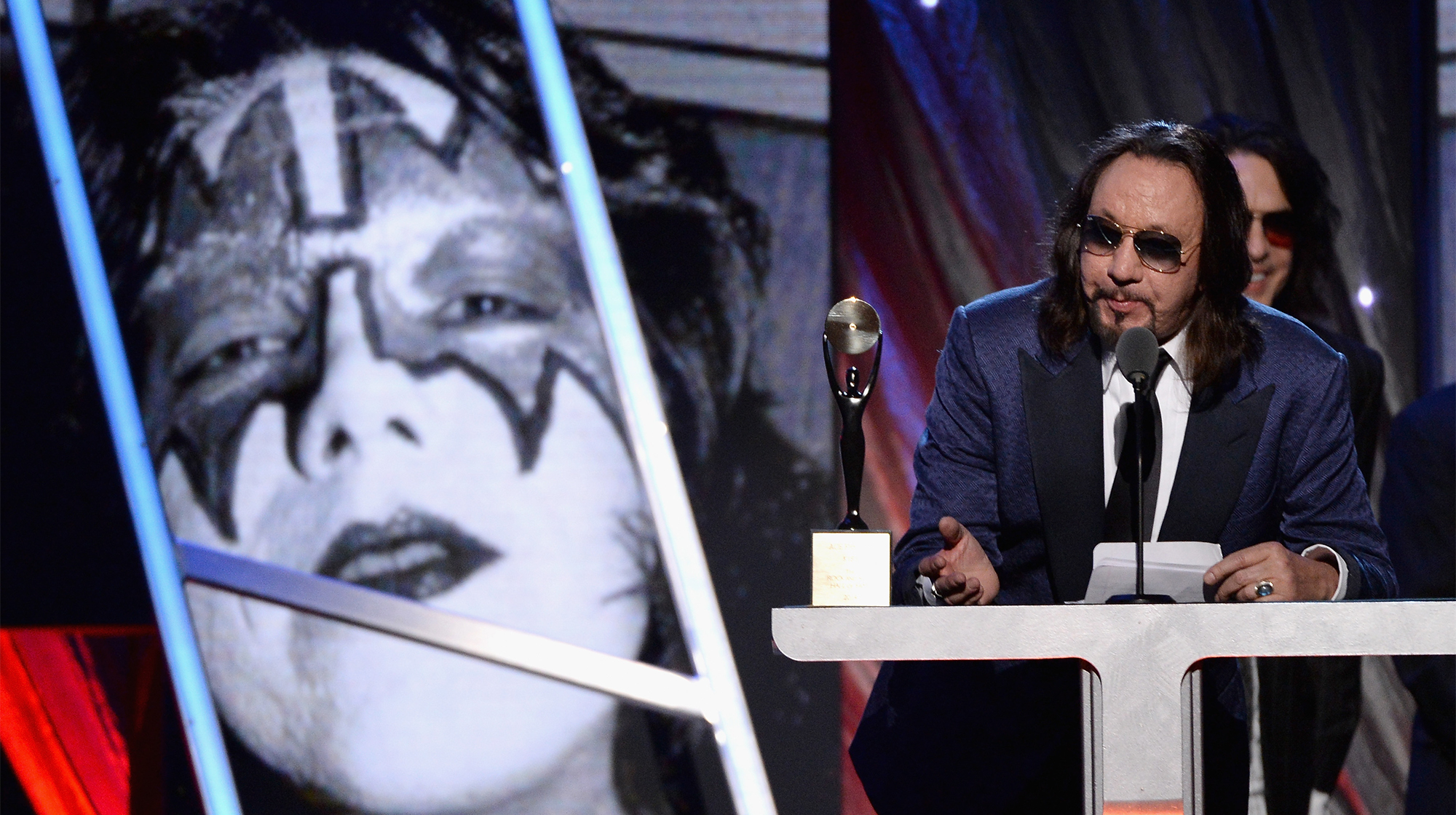 NEW YORK, NY - APRIL 10: Inductee Ace Frehley of KISS speaks onstage at the 29th Annual Rock And Roll Hall Of Fame Induction Ceremony at Barclays Center of Brooklyn on April 10, 2014 in New York City.