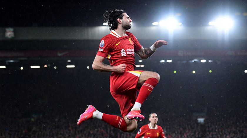 Liverpool&#039;s Dominik Szoboszlai celebrates scoring a goal