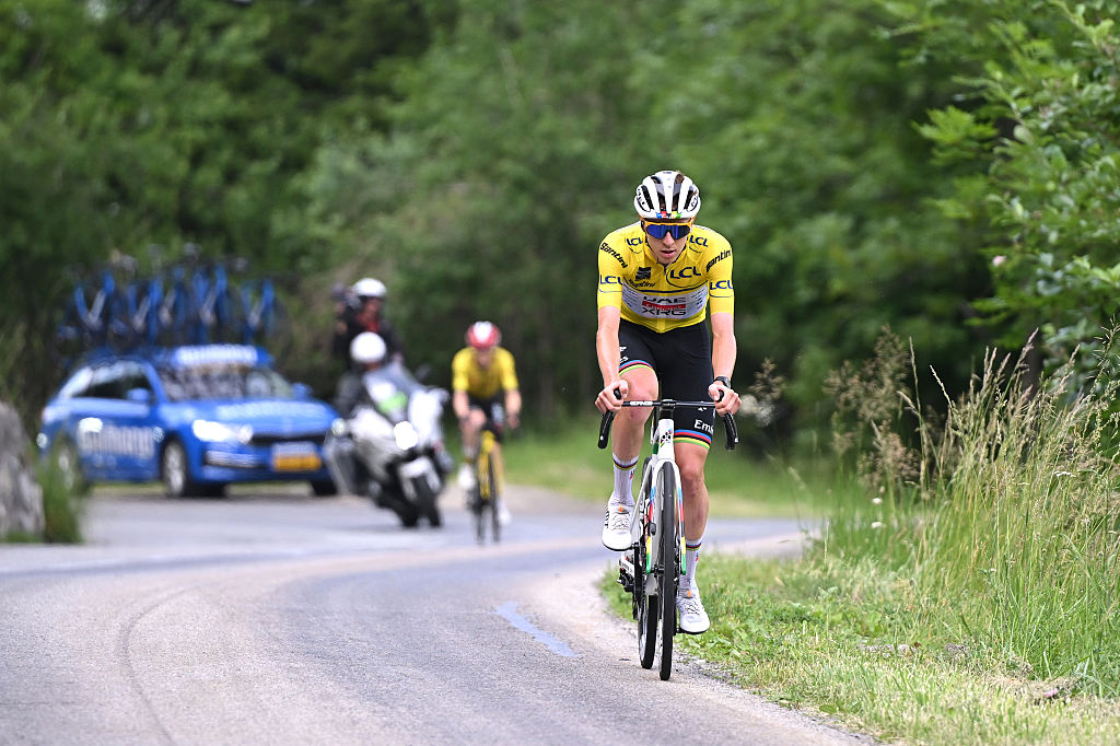 VALMEINIER 1800, FRANCE - JUNE 14: Tadej Pogacar of Slovenia and UAE Team Emirates - XRG - Yellow Leader Jersey attacks during the 77th Criterium du Dauphine 2025, Stage 7 a 131.6km stage from Grand-Algueblanche to Valmeinier 1800 (1830m) / #UCIWT / on June 14, 2025 in Valmeinier 1800, France. (Photo by Dario Belingheri/Getty Images)