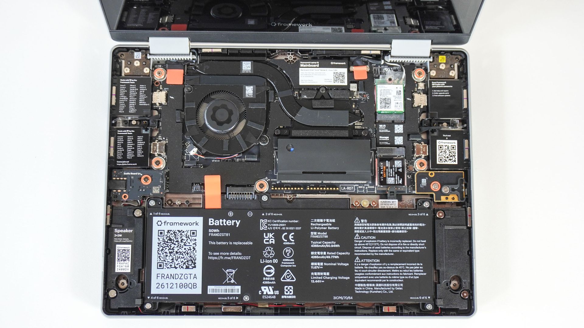 An overhead shot showing the internals of the Framework Laptop 12