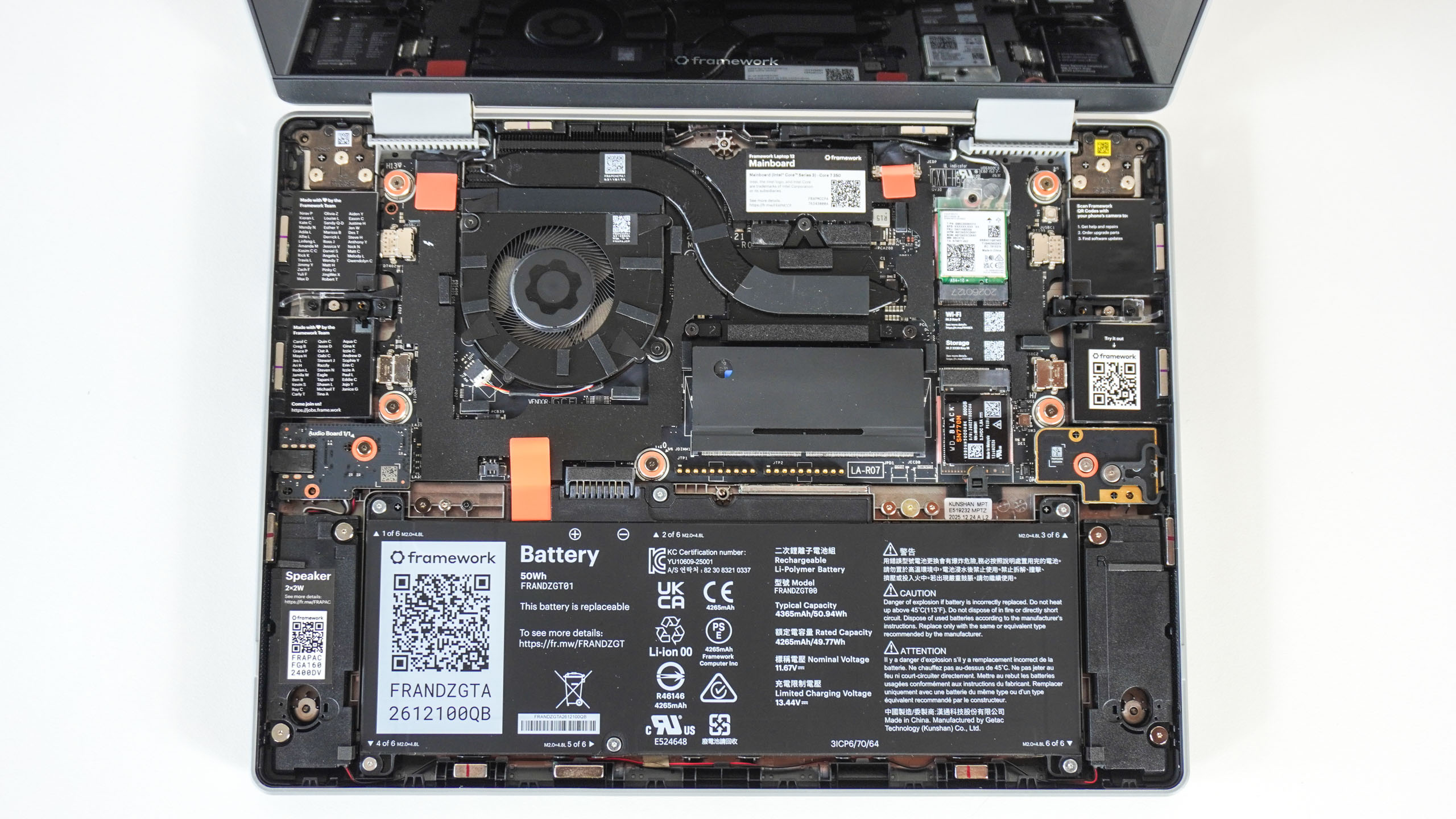 An overhead shot showing the internals of the Framework Laptop 12