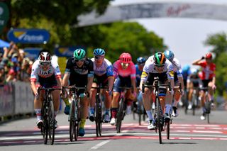 Irish road race champion Sam Bennett (right, Deceuninck-QuickStep) wins the opening stage of the 2020 Tour Down Under in Tanunda, Australia