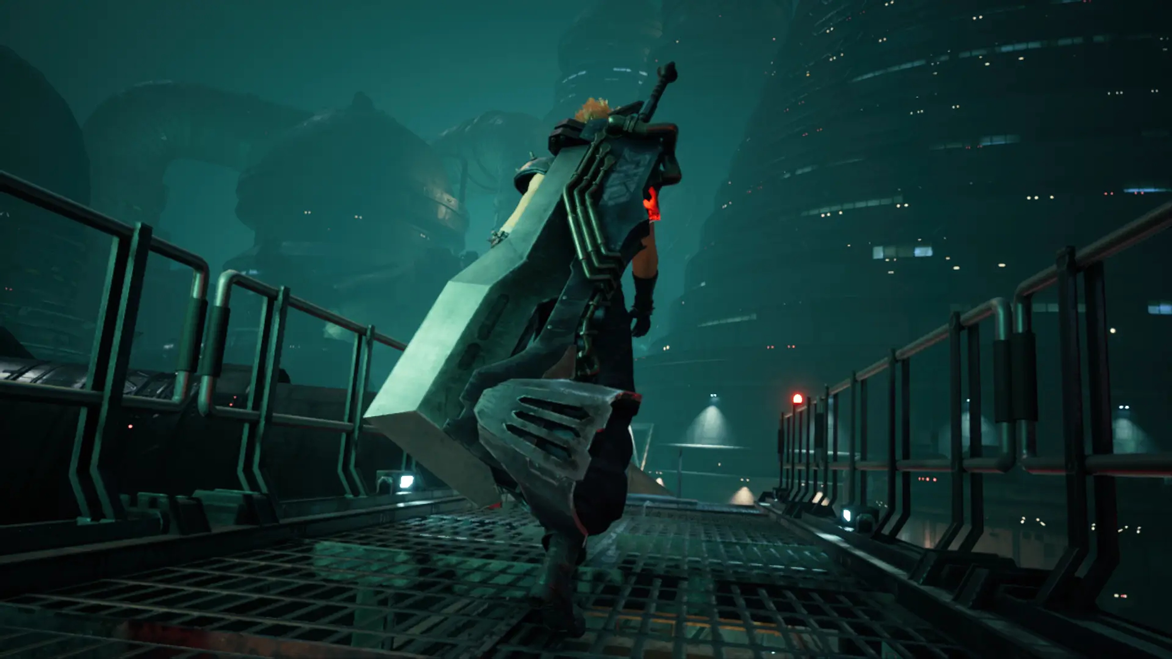 In-game screenshot of Cloud carrying the Wyvern Ignition Greatsword from Monster Hunter World in a modded version of Final Fantasy VII Remake