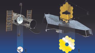 Graphic illustration showing the Hubble Space Telescope on the left and the JWST telescope on the right. The JWST appears significantly larger and has a far larger mirror compared to the Hubble Space Telescope.