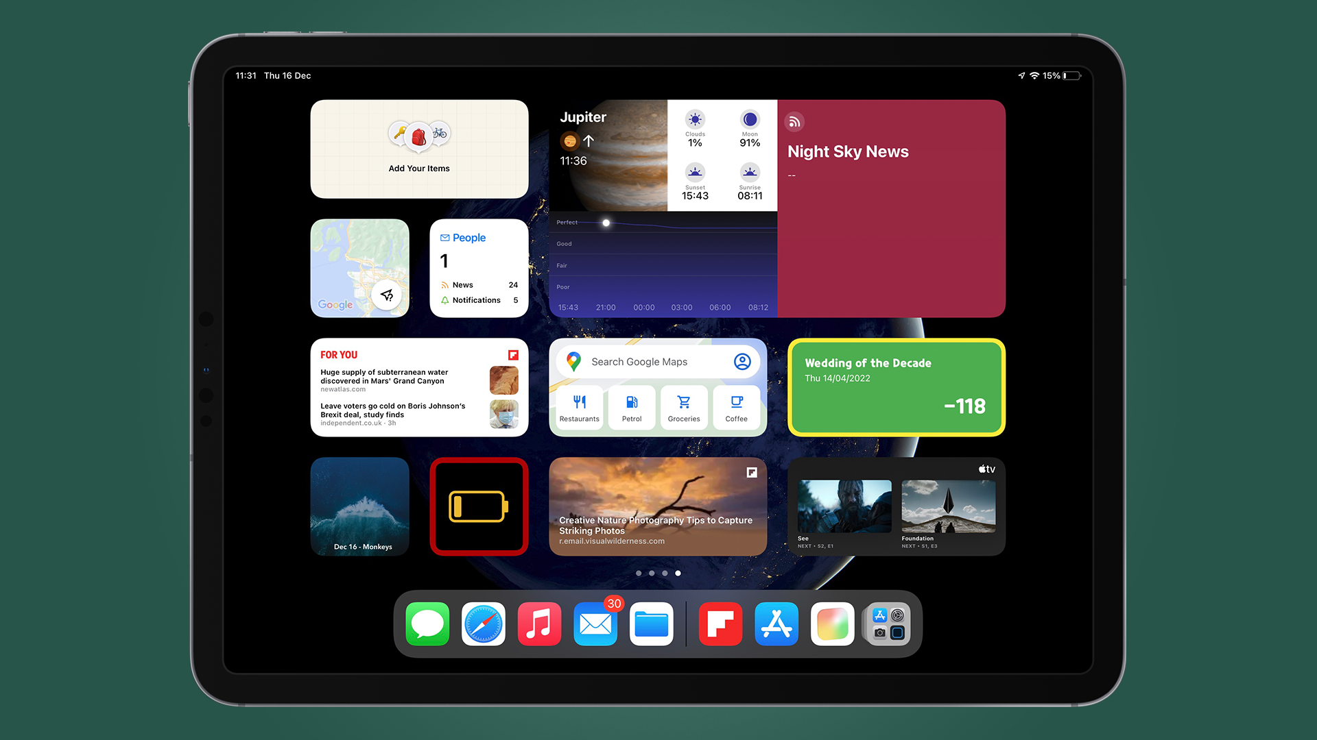 iPad home screen with widgets in iPadOS 15