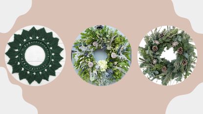 Three Christmas wreath kits displayed on a pink background