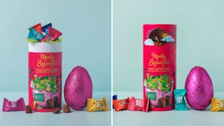 Pink box surrounded by packaged truffles and a pink easter egg