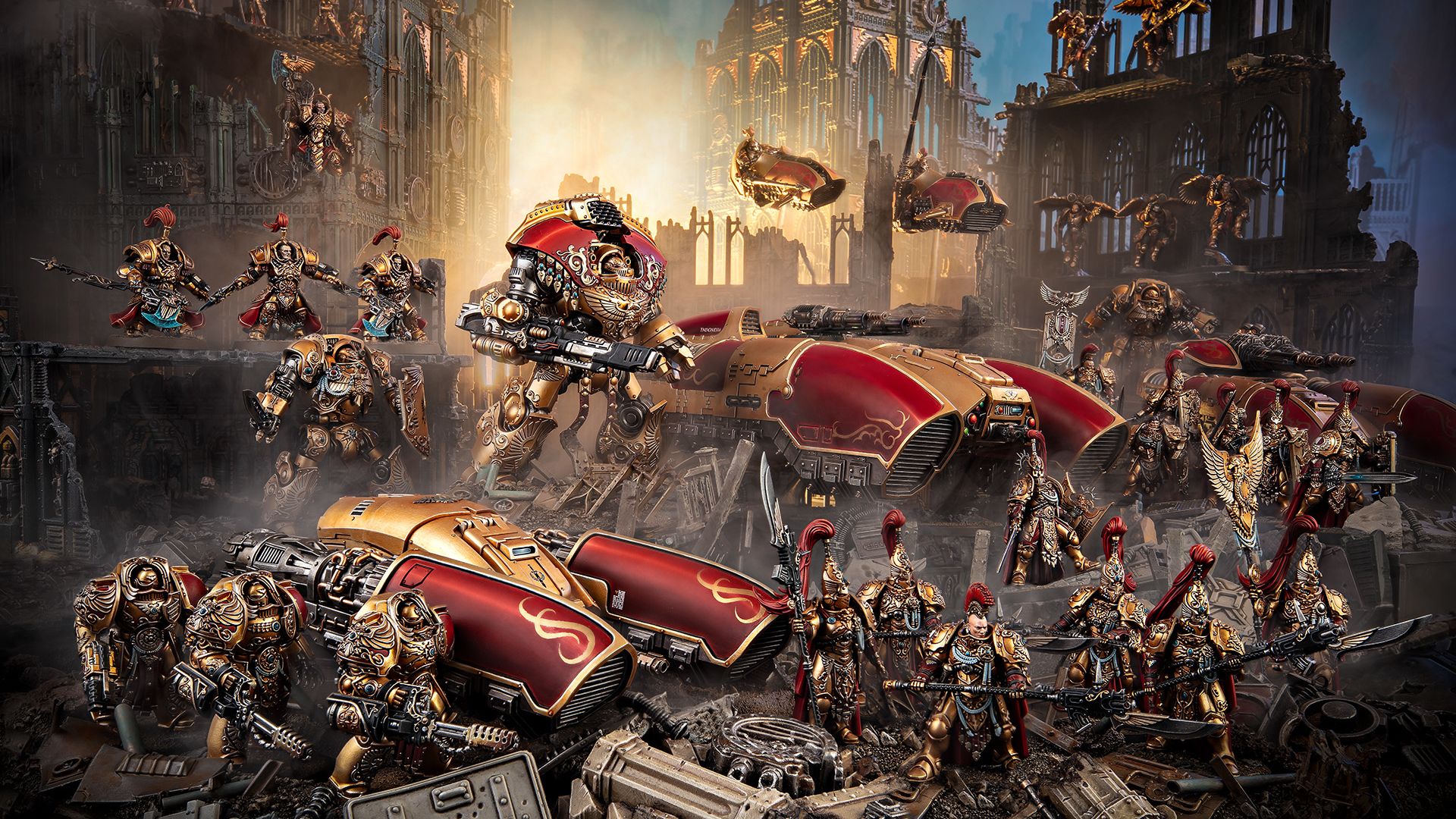 An army of Adeptus Custodes miniatures moving through a ruined battlefield