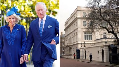 Composite of a picture of King Charles and Queen Camilla at Easter 2024 and a picture of the outside of Clarence House where they live