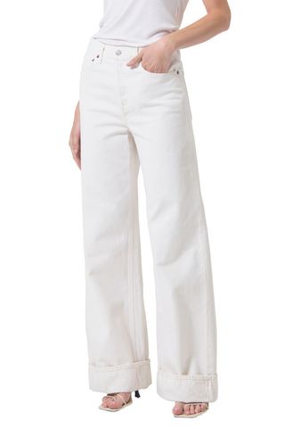 Jeans feminino de algodão orgânico com cintura alta e perna larga