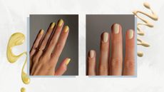 On the left is a close-up picture of a hand with bright, lemon-yellow oval nails, and on the right, a close-up of a hand with pastel lemon nails, both created by nail artist Mateja Novakovic (@matejanova) and featured in a grey and white gradient template with two yellow nail polish spills.