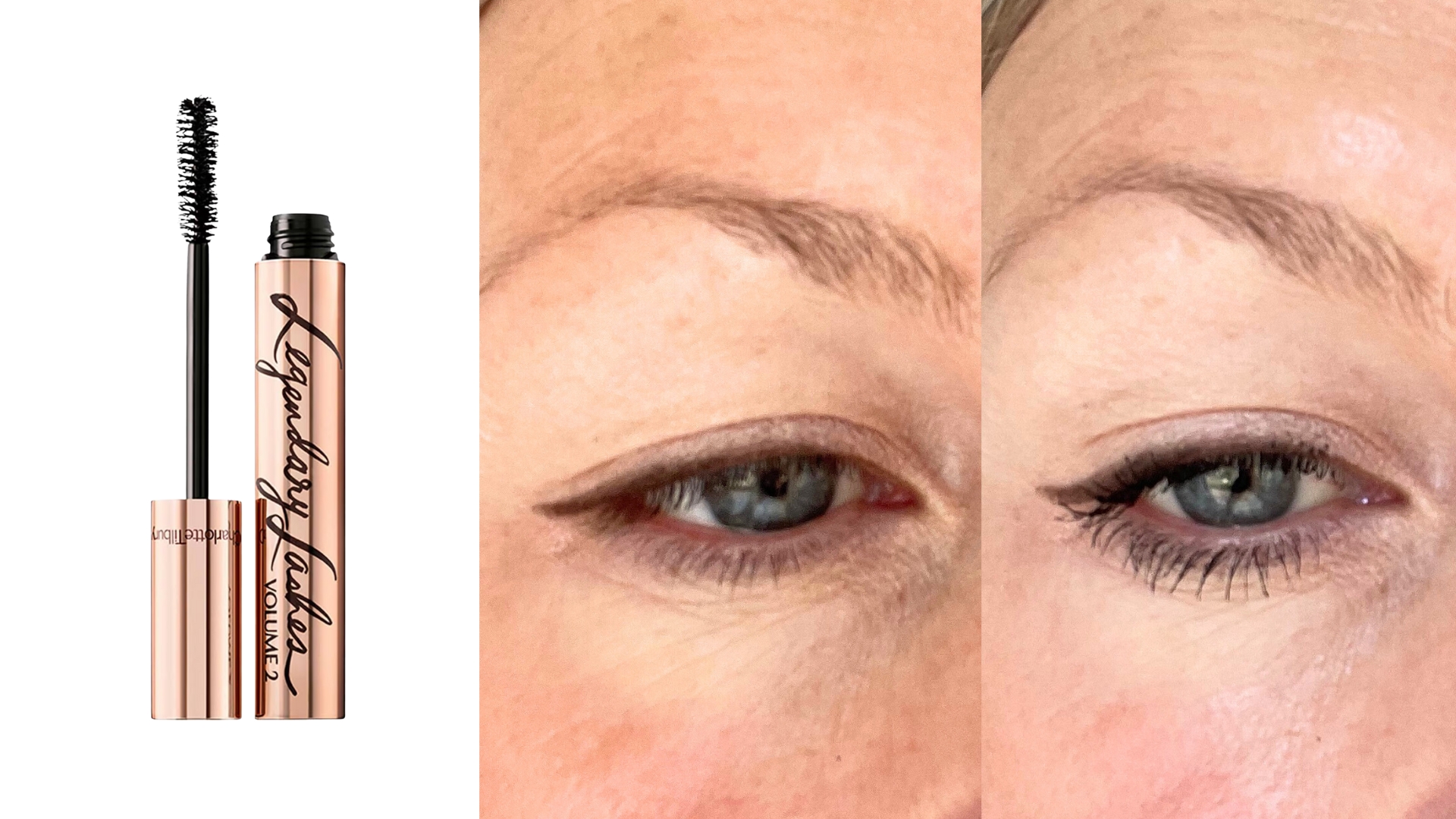An image of the Charlotte Tilbury Legendary Lash Mascara on the left, next to a before and after comparison of Sarah Cooper-White's lashes wearing the Charlotte Tilbury Legendary Lash Mascara