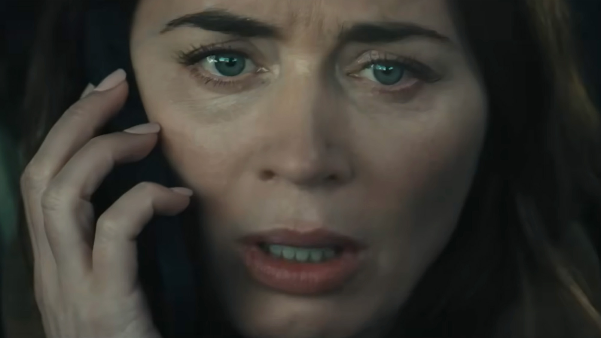 Emily Blunt's Margaret sparking a warning on a cell phone in Disclosure Day. 