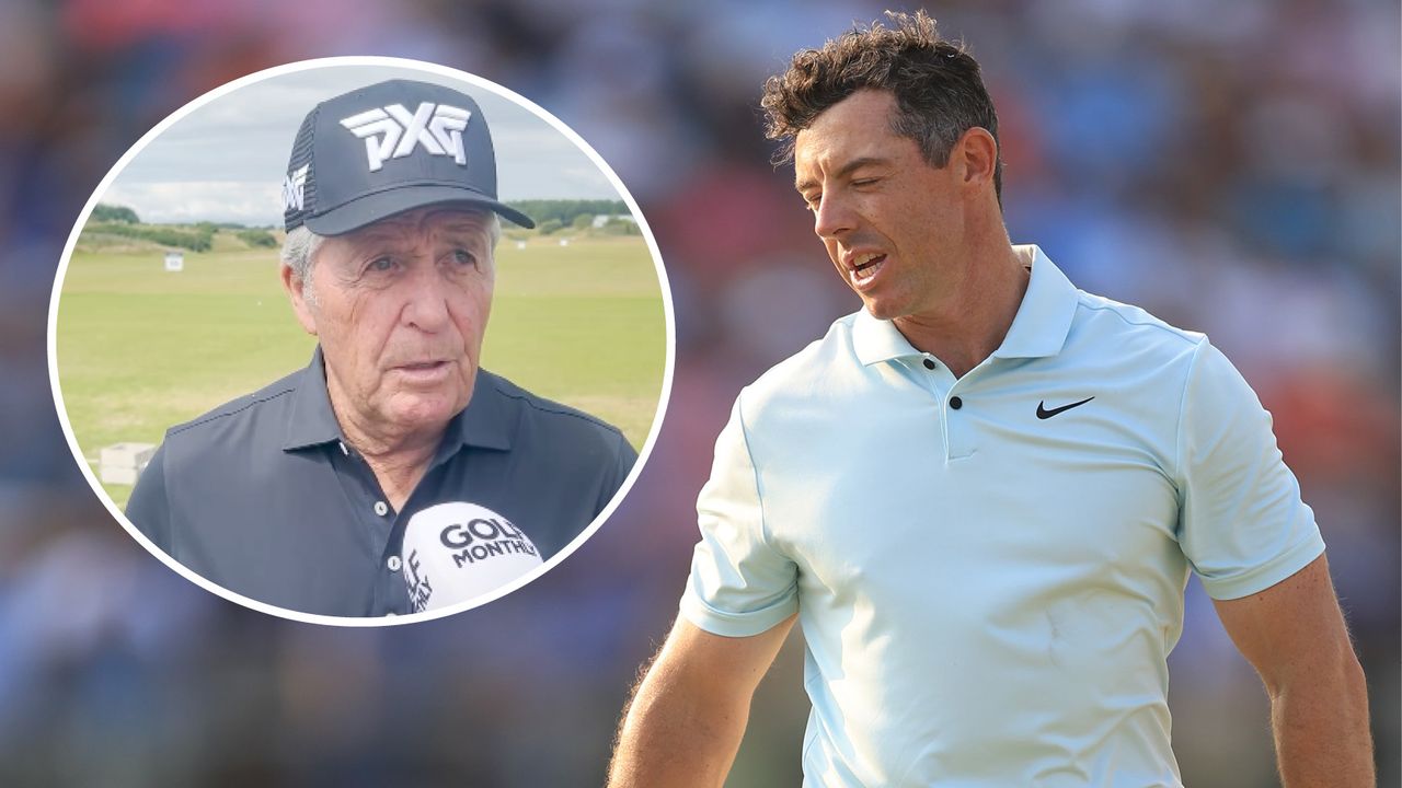 Gary Player speaking into a microphone and Rory McIlroy reacting to his US Open loss