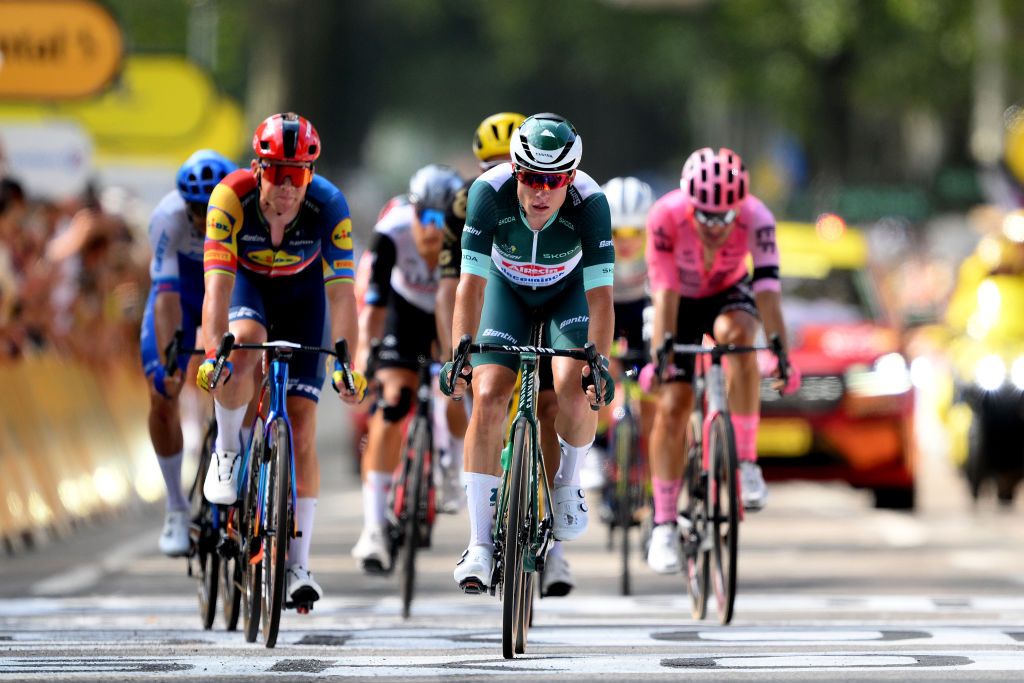 POLIGNY FRANCE JULY 21 Jasper Philipsen of Belgium and Team AlpecinDeceuninck Green Points Jersey sprint at finish line during the stage nineteen of the 110th Tour de France 2023 a 1728km stage from MoiransenMontagne to Poligny UCIWT on July 21 2023 in Poligny France Photo by David RamosGetty Images