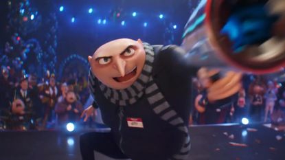 Gru wields a weapon on a stage in Despicable Me 4, one of July's new movies