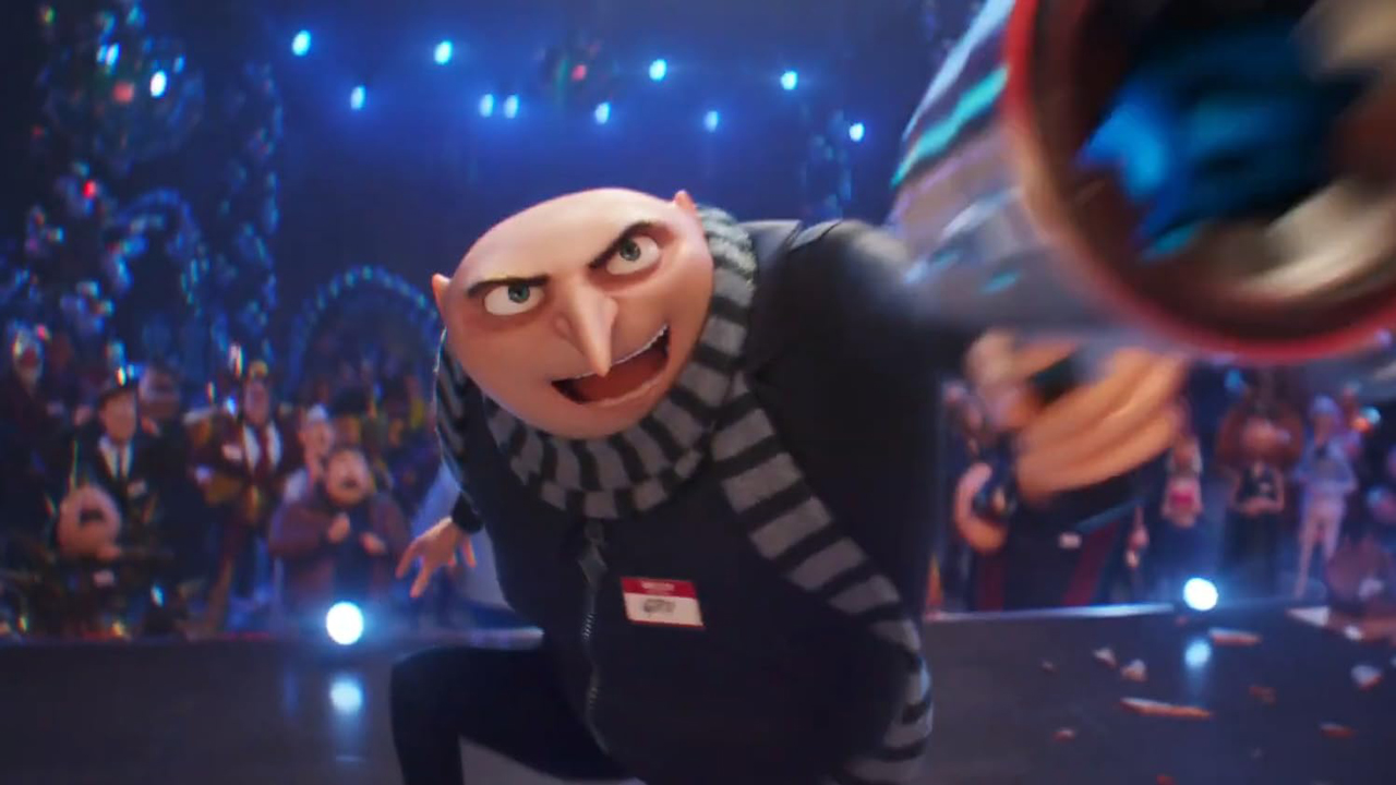 Gru wields a weapon on a stage in Despicable Me 4