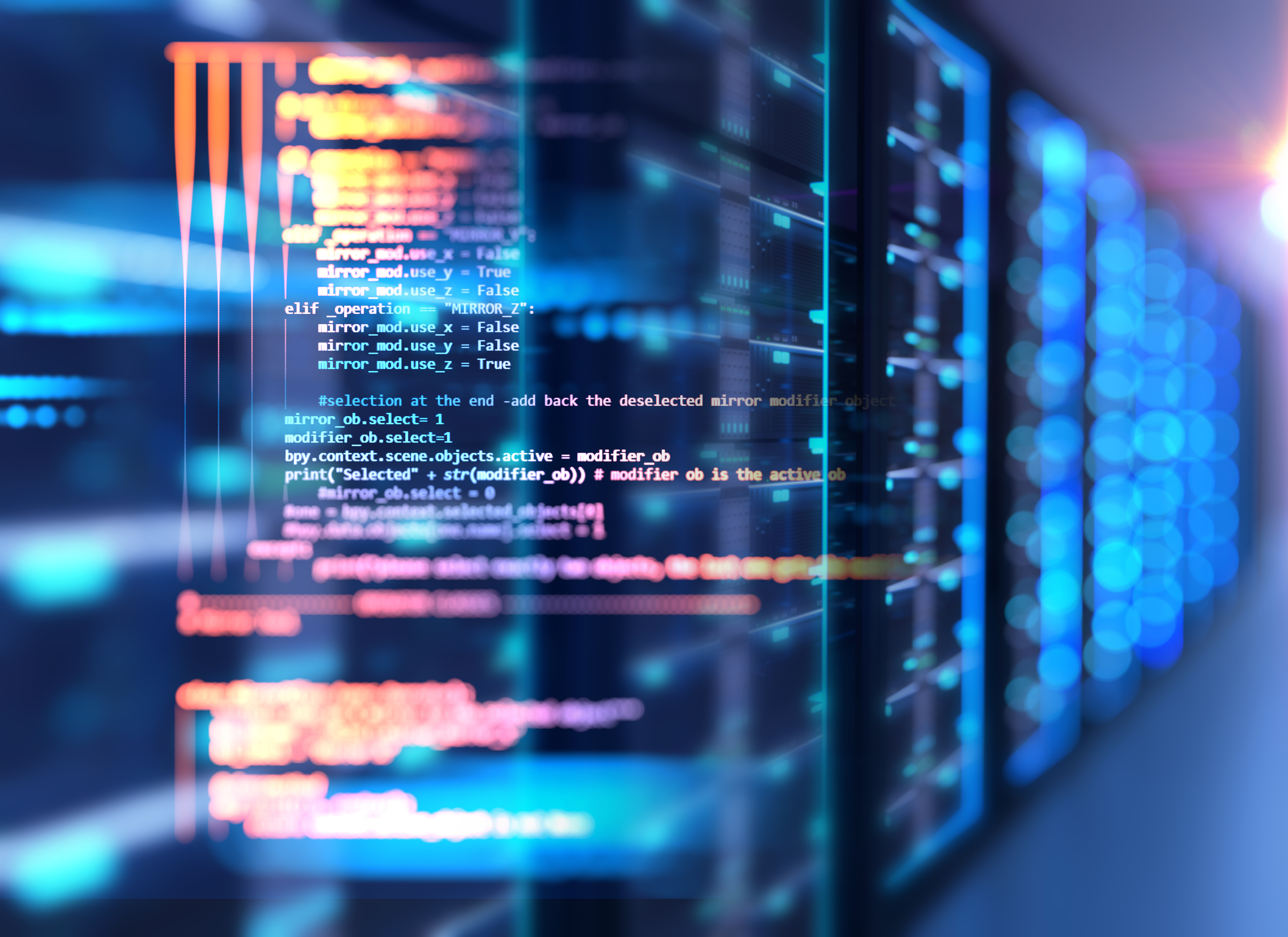 A 3d illustration of a server room with node base programming. Data design element. Concept of big data storage and cloud computing technology.
