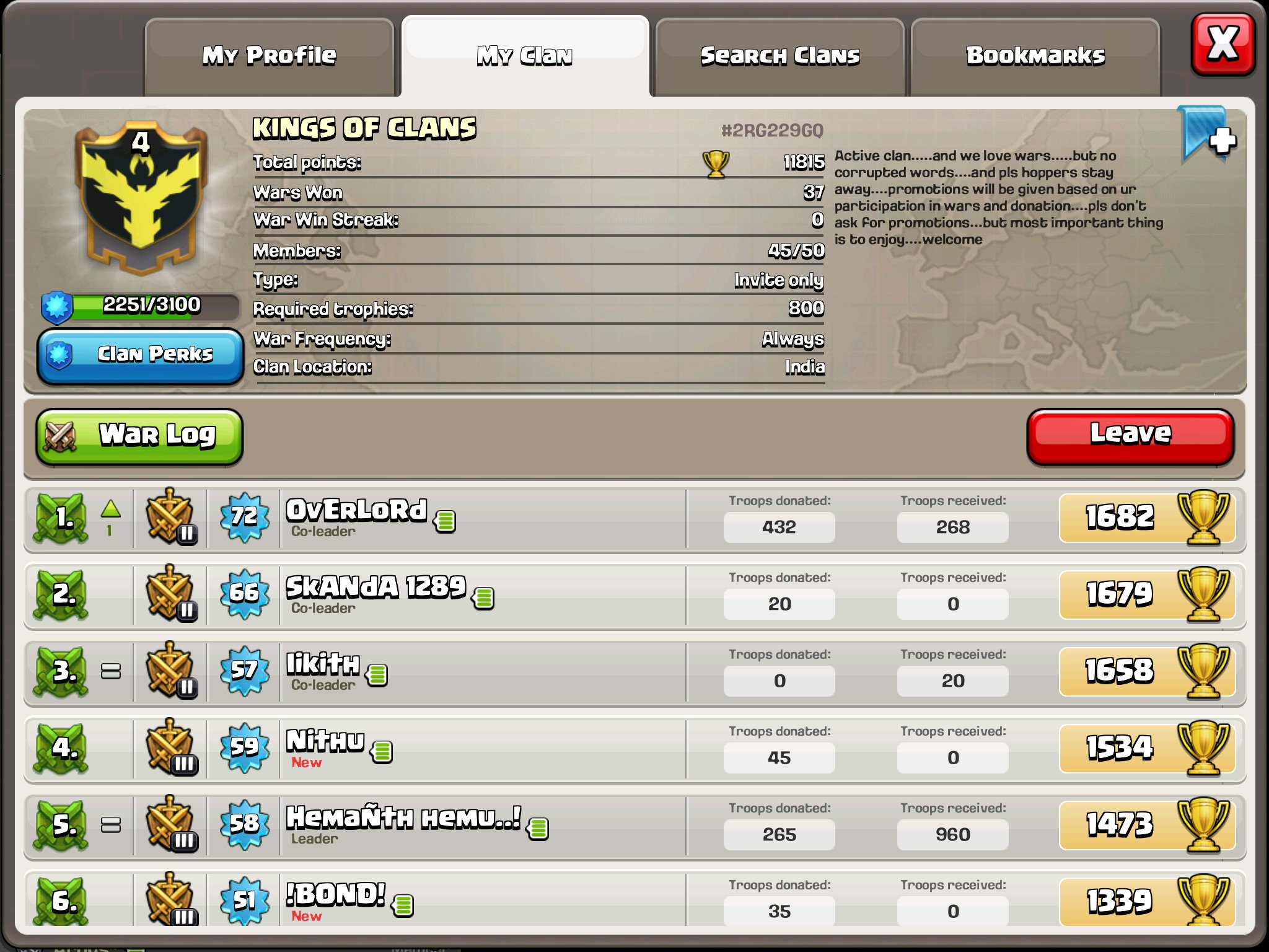 Clash of Clans clan roster