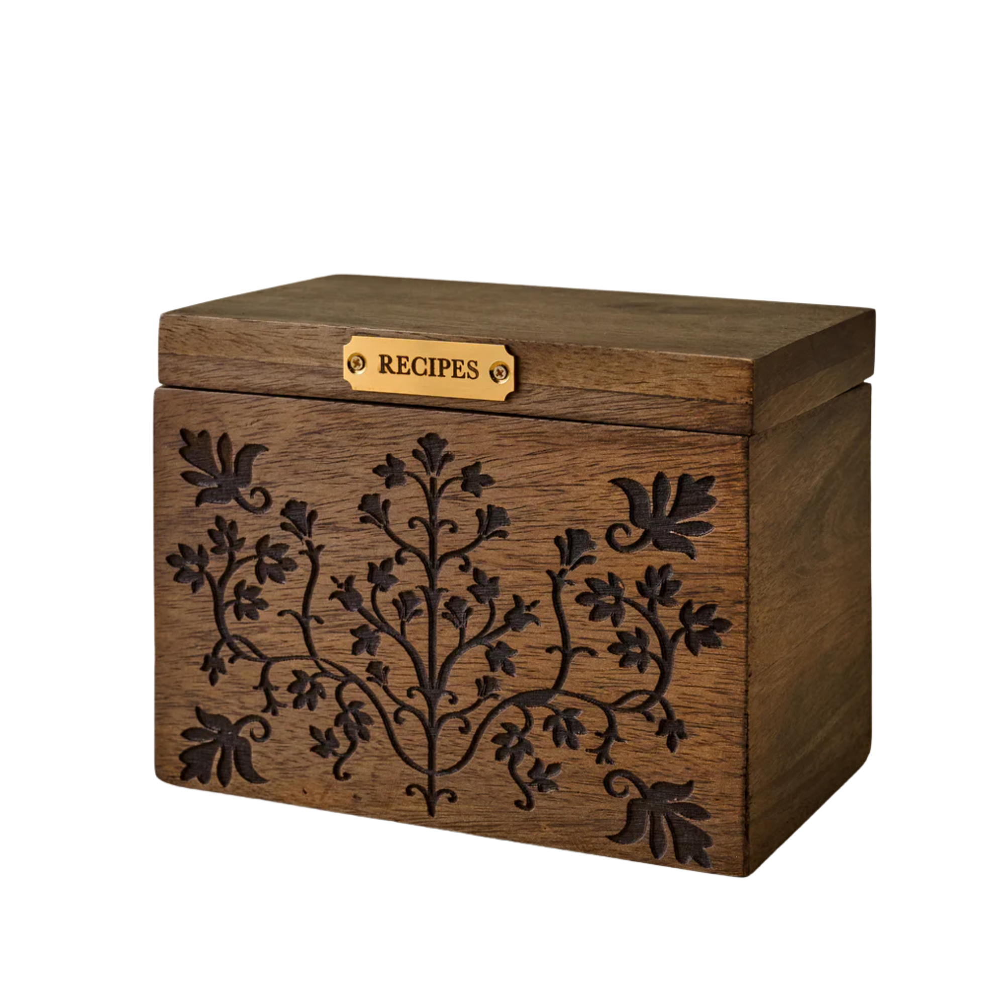 a wooden recipe box with a floral motif 