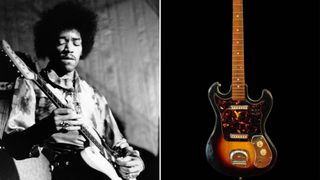 Jimi Hendrix performs onstage in 1967 (left), a Japanese sunburst guitar Hendrix used early in his career