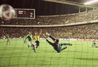 Bolivia goalkeeper Carlos Trucco is unable to save a Ronaldo shot in the 1997 Copa America final against Brazil in La Paz.