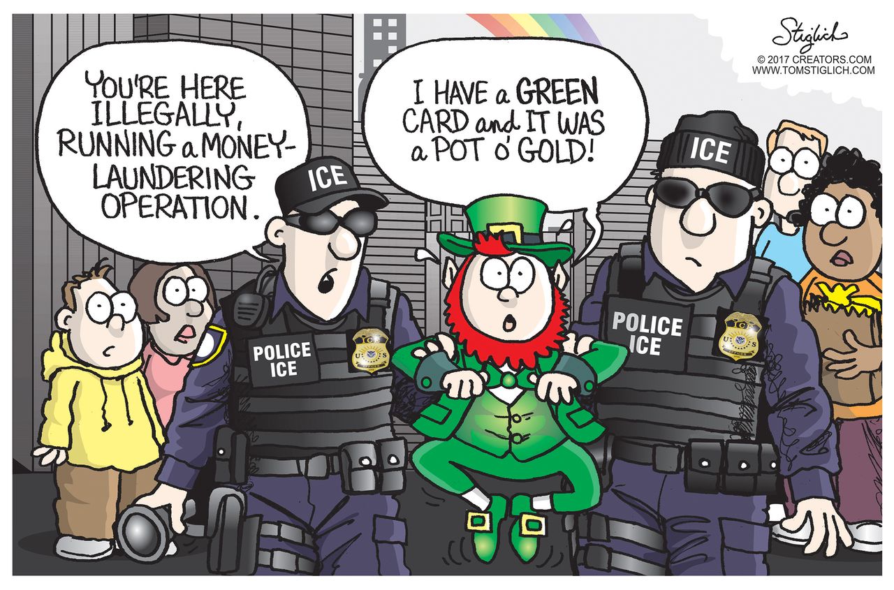 Political Cartoon U.S. St. Patrick&amp;#039;s Day Leprechaun Police ICE immigration raids