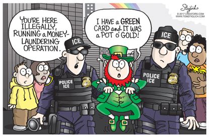 Political Cartoon U.S. St. Patrick's Day Leprechaun Police ICE immigration raids