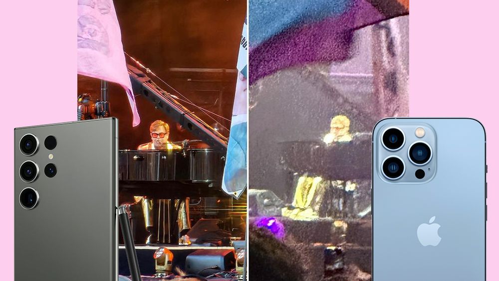 Images of Elton John at Glastonbury Festival taken on a Samsung Galaxy S23 Ultra and an iPhone 14 Pro Max