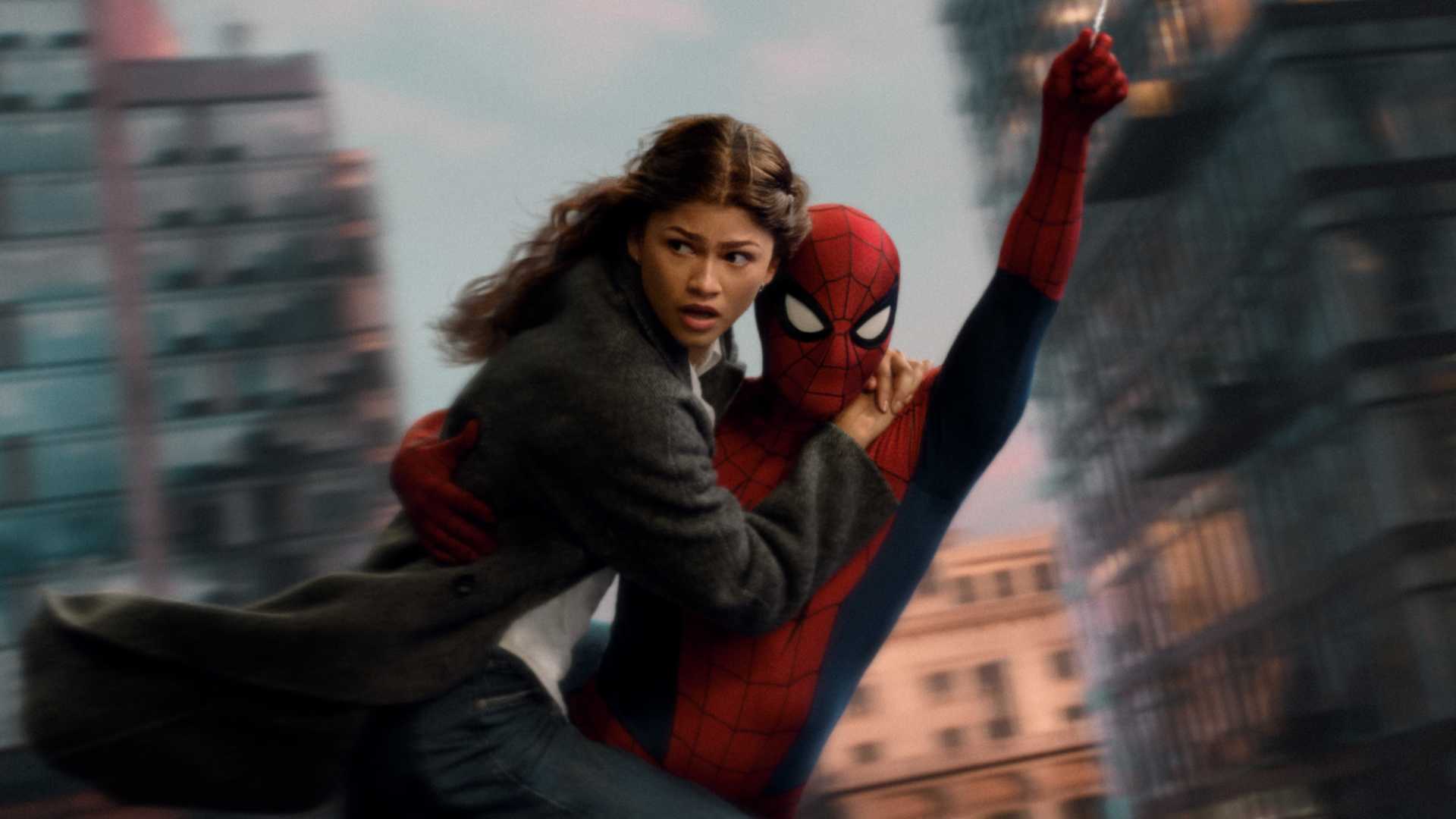 MJ and Peter Parker swinging through New York in Spider-Man: Brand New Day