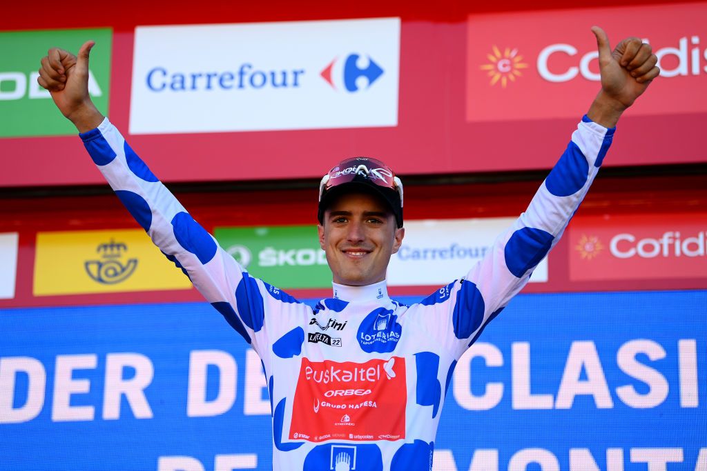 LAGUARDIA SPAIN AUGUST 23 Joan Bou Company of Spain and Team Euskaltel Euskadi celebrates at podium as Polka Dot Mountain Jersey winner during the 77th Tour of Spain 2022 Stage 4 a 1524km stage from VitoriaGasteiz to Laguardia 627m LaVuelta22 WorldTour on August 23 2022 in Laguardia Spain Photo by Tim de WaeleGetty Images