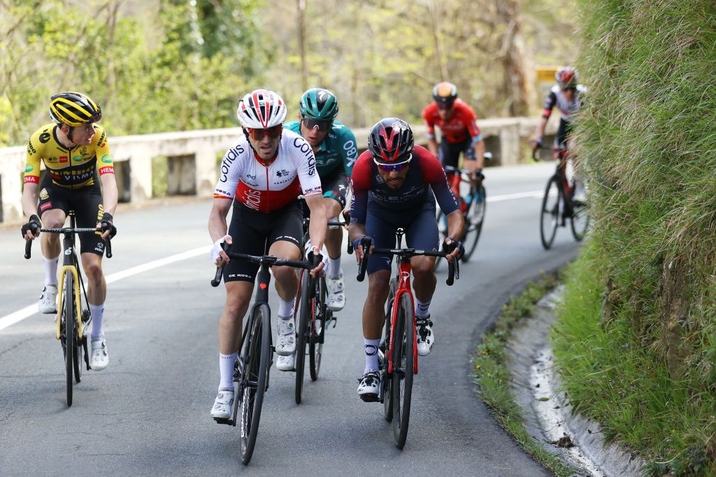 ARRATE SPAIN APRIL 09 LR Jonas Vingegaard Rasmussen of Denmark and Team Jumbo Visma Ion Izagirre Insausti of Spain and Team Cofidis Aleksander Vlasov of Russia and Team Bora Hansgrohe and Daniel Felipe Martinez Poveda of Colombia and Team INEOS Grenadiers compete in the breakaway during the 61st Itzulia Basque Country 2022 Stage 6 a 1357km stage from Eibar to Arrate itzulia WorldTour on April 09 2022 in Arrate Spain Photo by Gonzalo Arroyo MorenoGetty Images