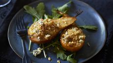 Baked pear with stilton, ginger and walnut filling