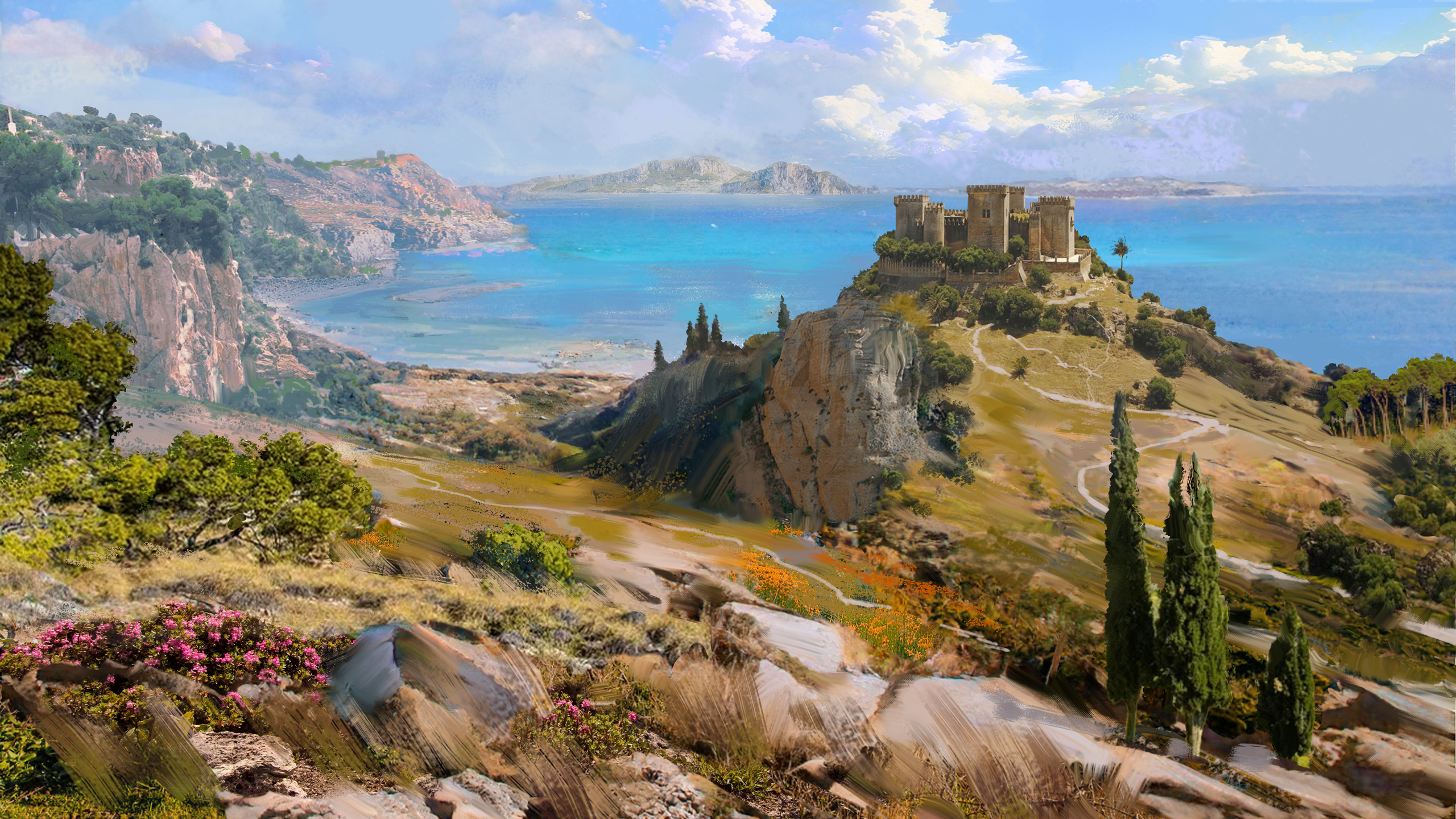 A beautiful coastal Mediterranean biome as depicted in concept art for Total War: Medieval 3