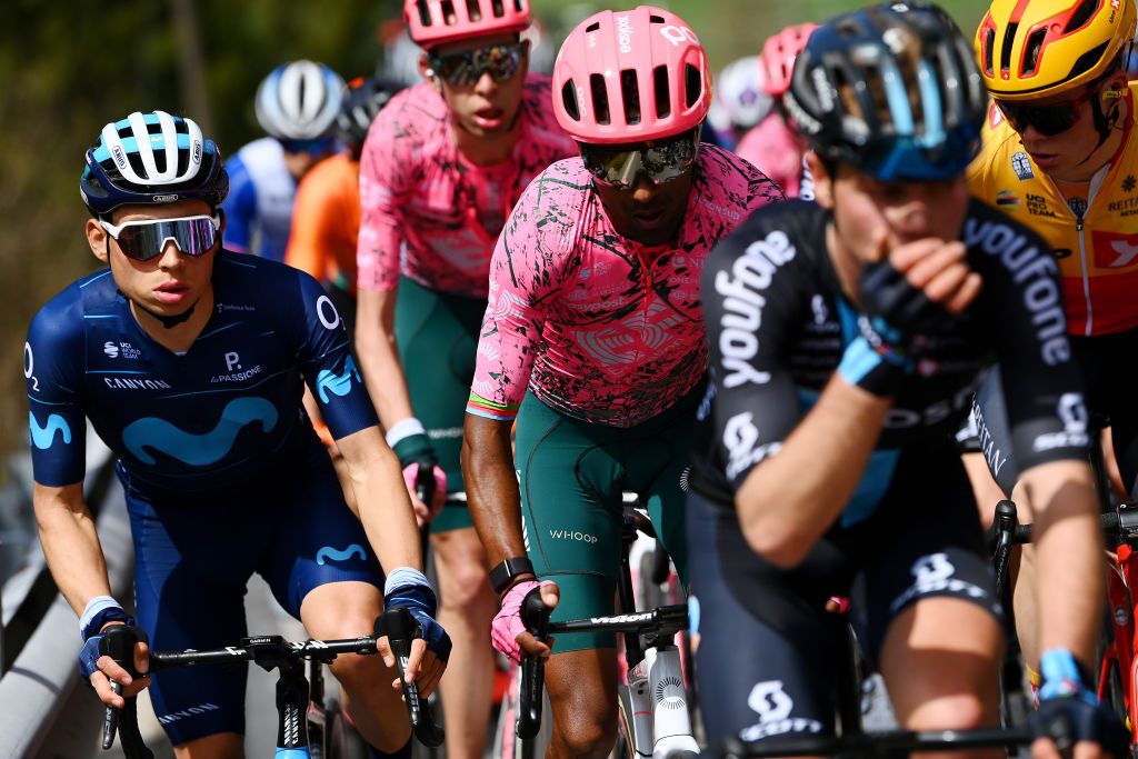 SAN MARTINO DI CASTROZZA ITALY APRIL 18 LR Einer Augusto Rubio Reyes of Colombia and Movistar Team and Merhawi Kudus Ghebremedhin of Eritrea and Team EF Education Easypost compete during the 45th Tour of the Alps 2022 Stage 1 a 1609km stage from Cles to PrimieroS Martino di Castrozza 708m TouroftheAlps on April 18 2022 in San Martino di Castrozza Italy Photo by Tim de WaeleGetty Images