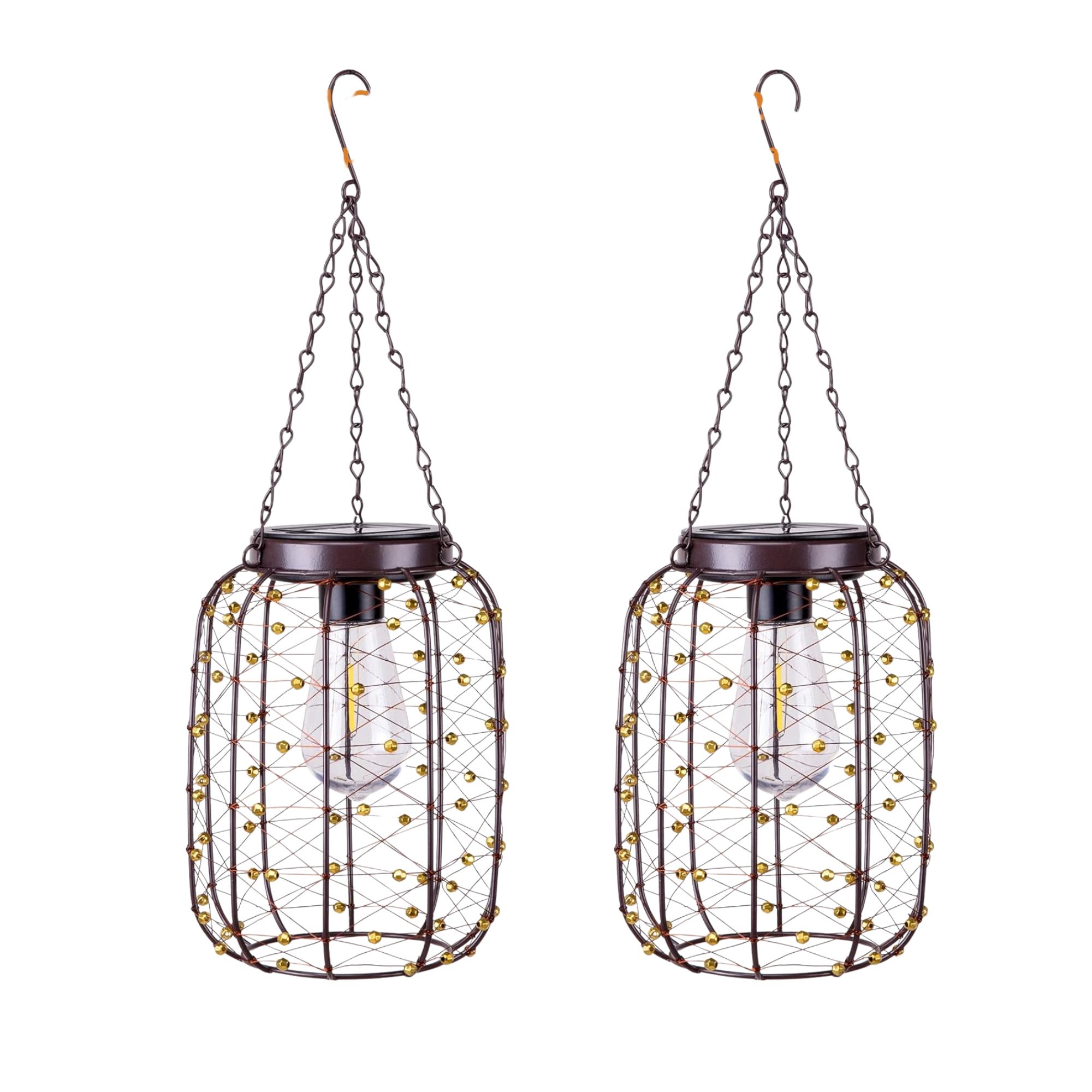 Two copper lanterns with hanging hooks, lightbulbs, and golden beads