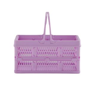 A lilac collapsible storage crate with cutouts and a carrying handle