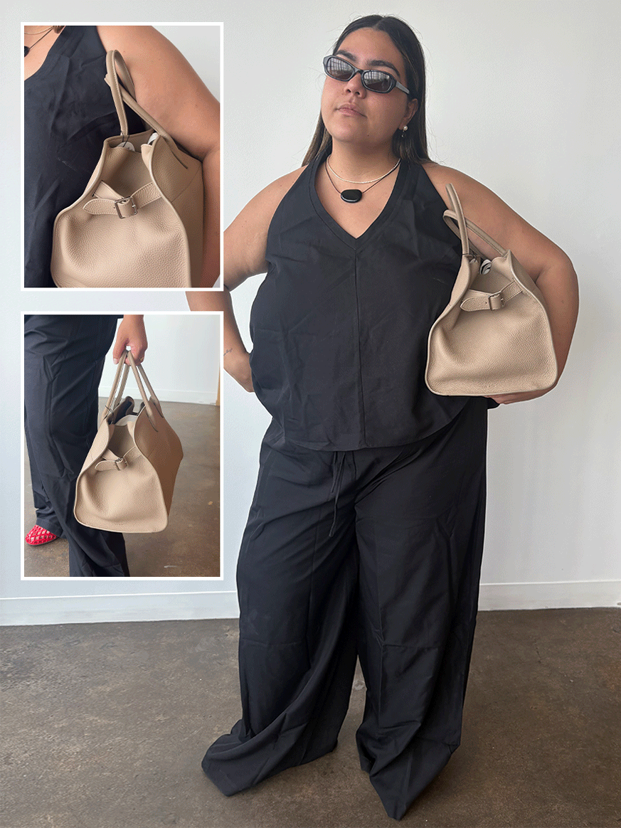 Editor Ana Escalante trying on and styling The Row Margaux 15 bag in taupe.