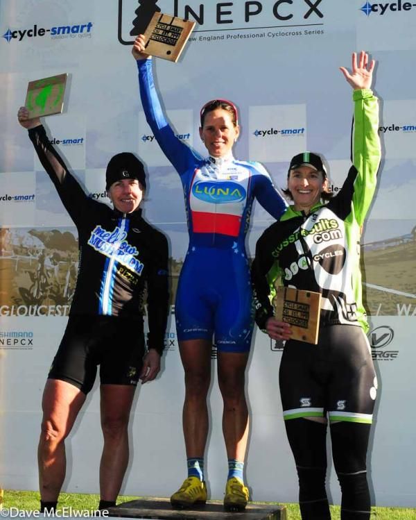 Elite Women&rsquo;s Podium (L to R): Laura Van Gilder (Mellow Mushroom Pizza) 2nd, Katerina Nash (Luna Pro Team) 1st, Sally Annis (Crossresults.com) 3rd .
