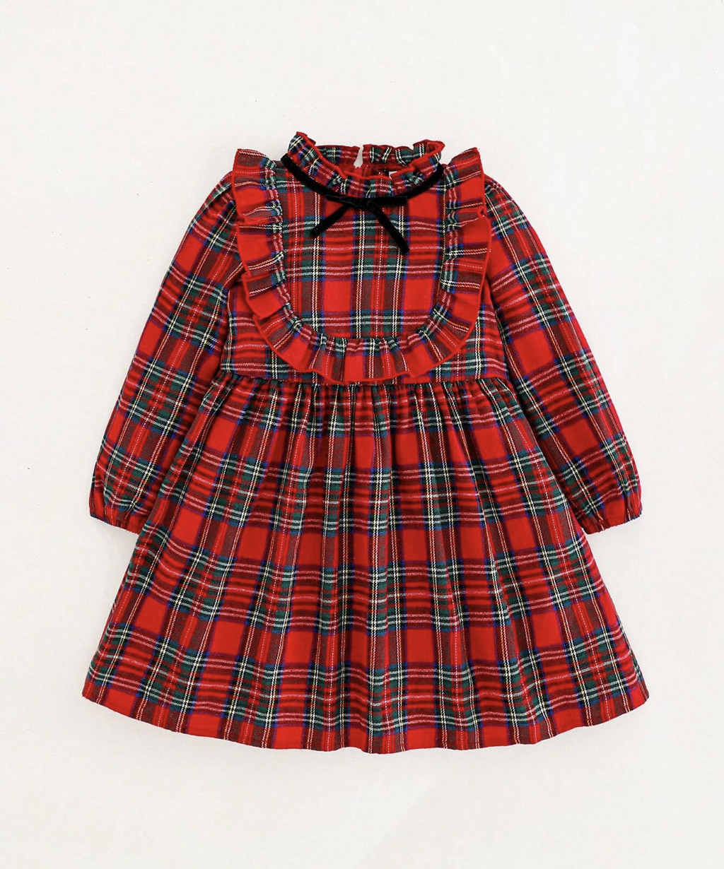Cozy Pixies, Red Black Plaid Bow Ruffle Long Sleeve Dress (Was $25)