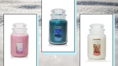 Yankee Candle Christmas scents three jars on a snowy background