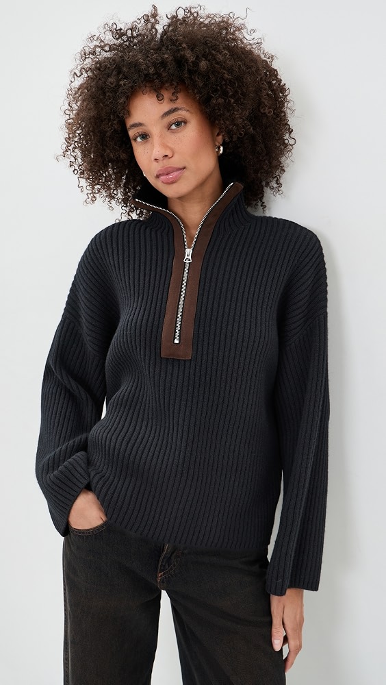 Sigrid Faux Suede Half Zip Sweater - Black