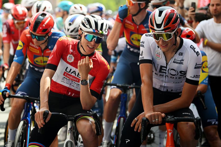 DUBAI UNITED ARAB EMIRATES FEBRUARY 21 LR Tadej Pogacar of Slovenia and UAE Team Emirates Red Leader Jersey and Joshua Tarling of The United Kingdom and Team INEOS Grenadiers White best young jersey prior to the 7th UAE Tour 2025 Stage 5 a 160km stage from American University Dubai to American University Dubai UCIWWT on February 21 2025 in Dubai United Arab Emirates Photo by Dario BelingheriGetty Images