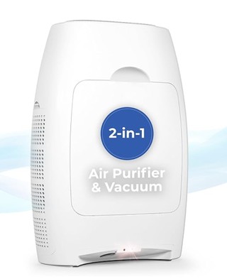 White air purifier with graphic on it saying 2-in-1 air purifier and vacuum