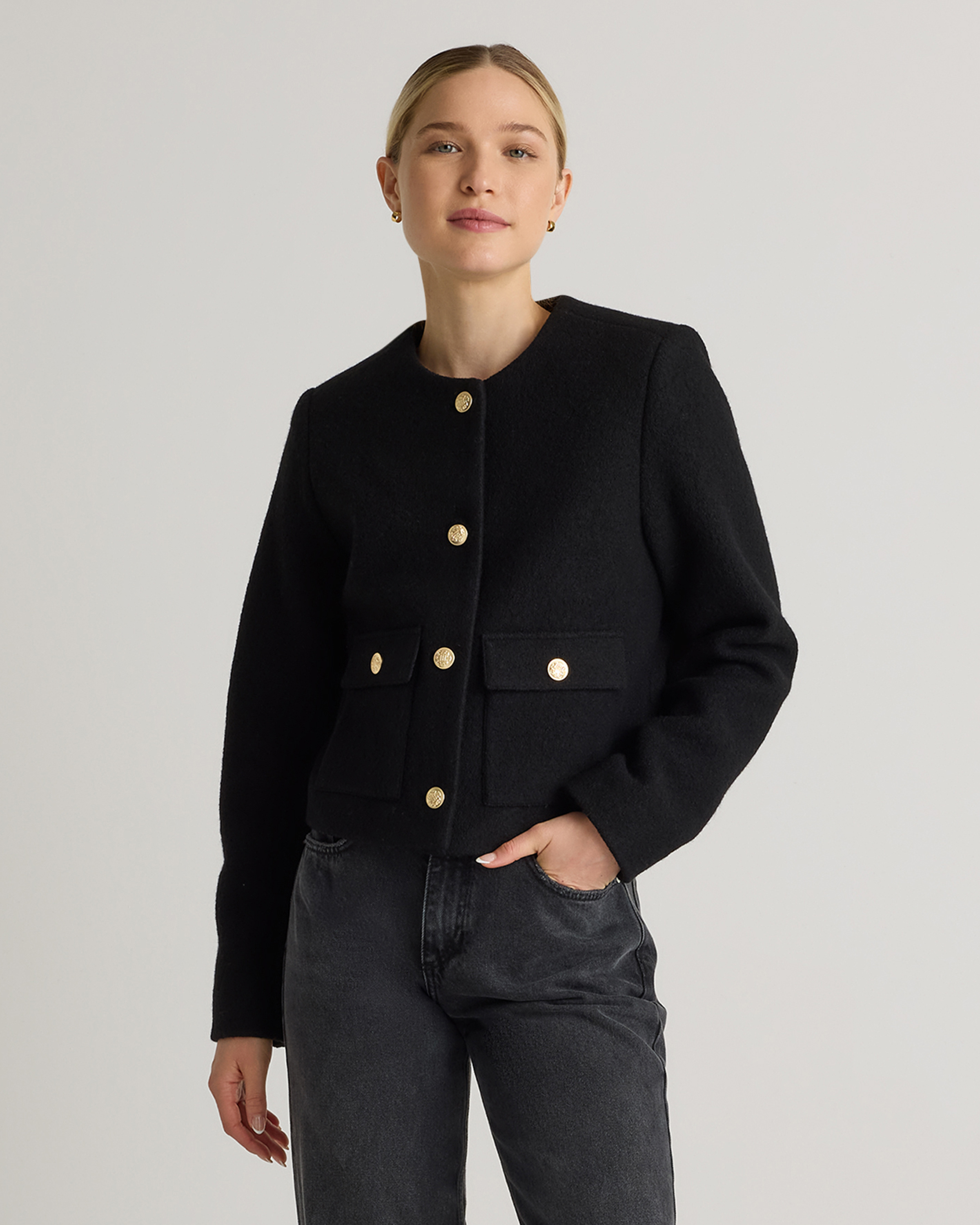100% Merino Wool Collarless Cropped Jacket in Black